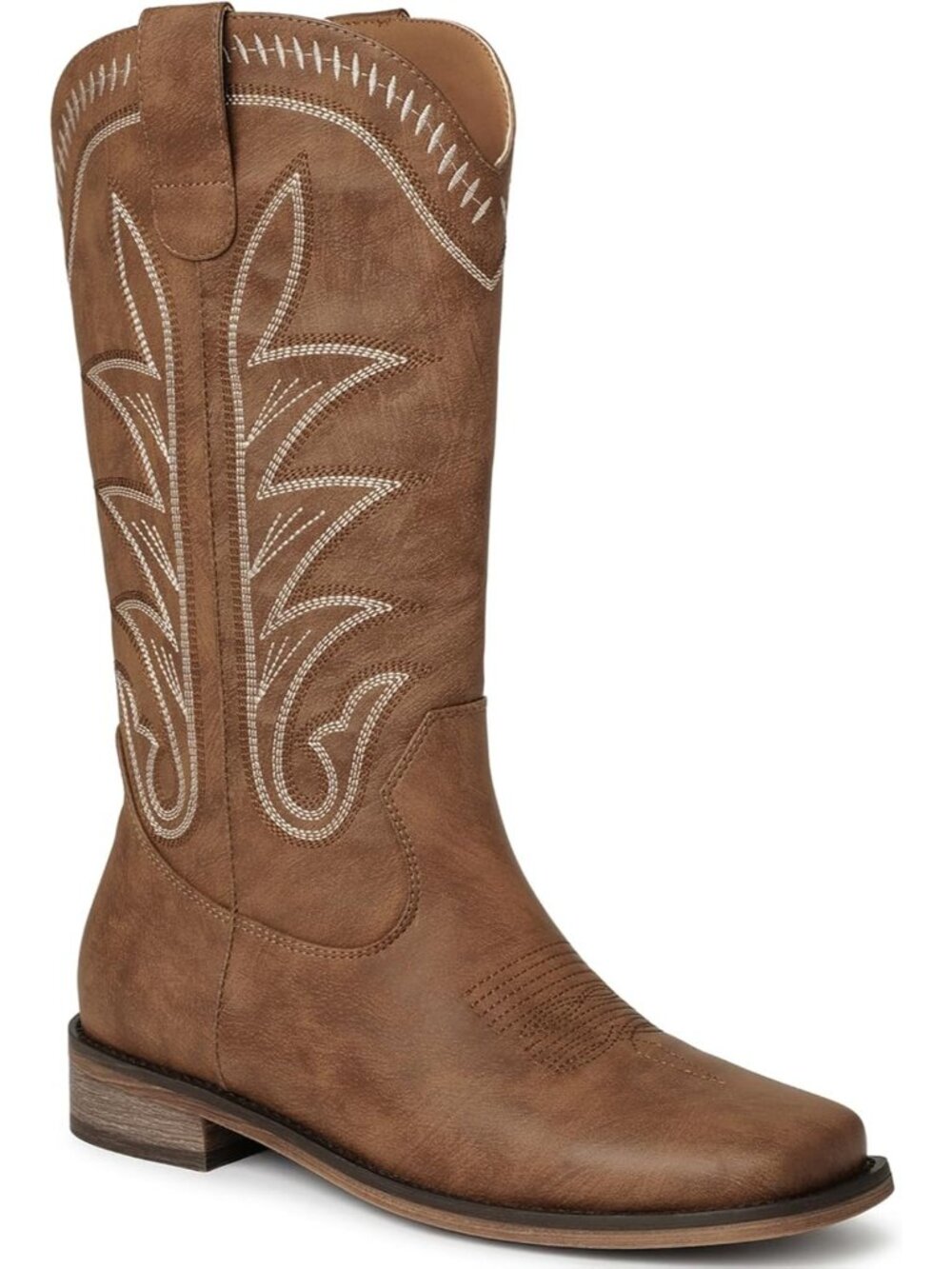 Women's Brown Western Wide Square Toe Cowgirl Boots Mid Calf Country Boots
